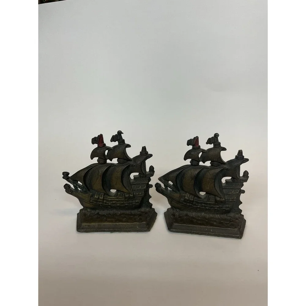 Vintage Pair Cast Iron Metal Pirate Sailing Boat Clipper Ship Bookends‎ Heavy